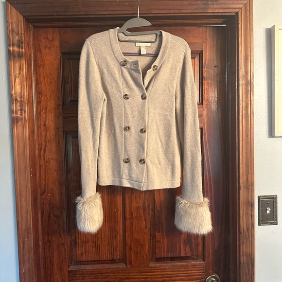 Banana Republic Beige Cardigan with Faux Fur Cuffs - Picture 1 of 3